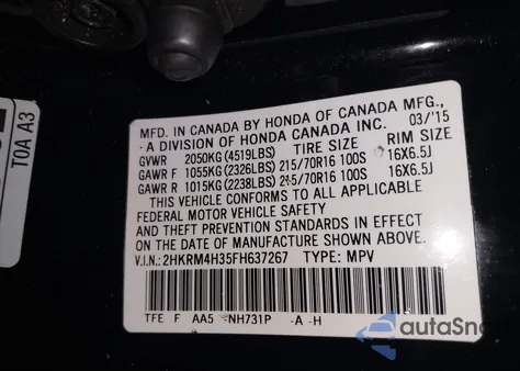 2015 Honda Cr-V Lx из США, поврежденный, VIN 2HKRM4H35FH637267